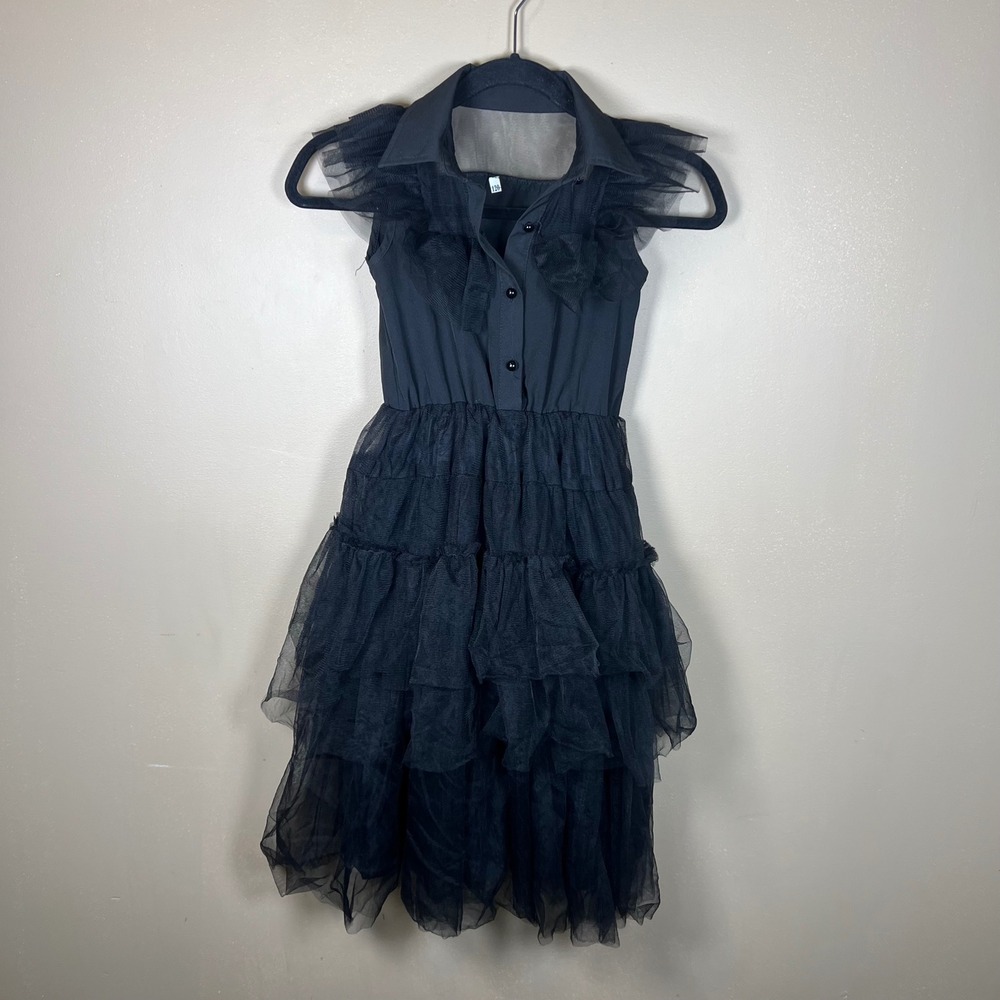 Girls Black Tiered Tulle Dress Ruffle Button Down Gothic Costume Size 120